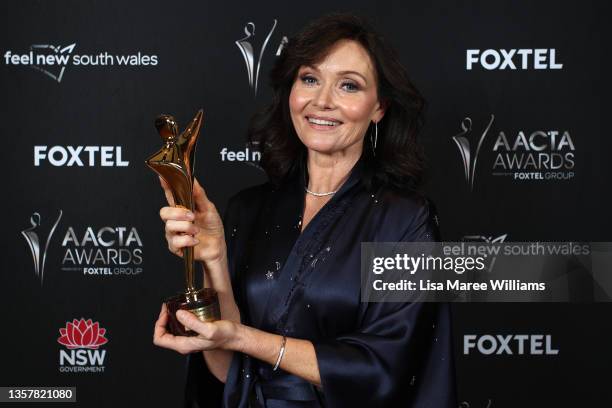 Essie Davis poses with the AACTA Award for Best Supporting Actress in Film in the media room during the 2021 AACTA Awards Presented by Foxtel Group...