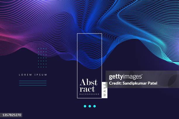 dynamic particles sound wave flowing over dark. blurred lights vector abstract background. beautiful wave shaped array of glowing dots. - blue grid neon stock illustrations
