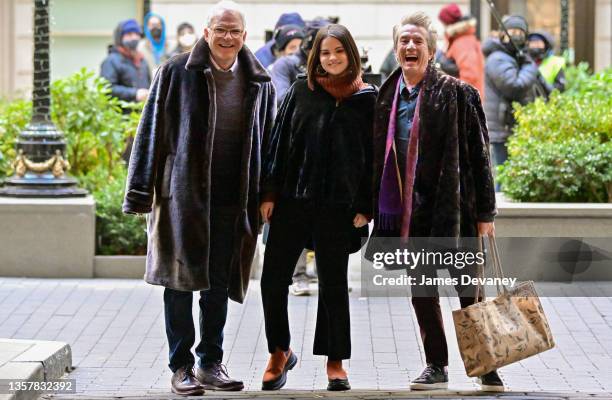 Steve Martin, Selena Gomez and Martin Short are seen on the set of 'Only Murders in the Building' on the Upper West Side on December 07, 2021 in New...