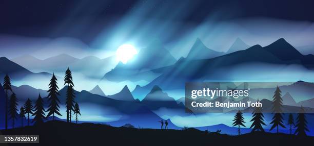 night with aurora, northern lights exploration adventure with hikers - aurora borealis 幅插畫檔、美工圖案、卡通及圖標