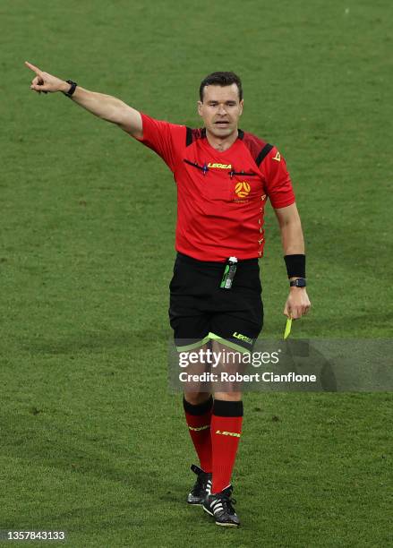 Referee Ben Abraham gestures during the A-League match between Melbourne City and Perth Glory at AAMI Park, on December 08 in Melbourne, Australia.