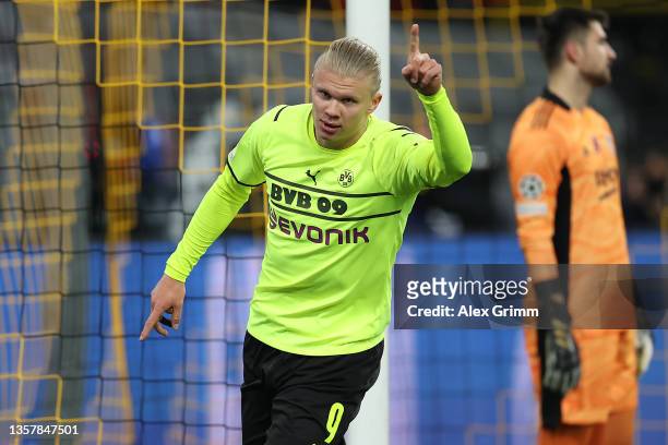 Erling Haaland of Borussia Dortmund celebrates his team's fifth goal during the UEFA Champions League group C match between Borussia Dortmund and...