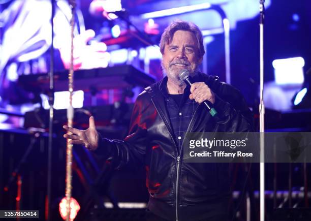 Mark Hamill speaks onstage at Galaxy of Wishes: A Night to Benefit Make-A-Wish at Disneyland on December 07, 2021 in Anaheim, California.