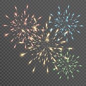 Fireworks with brightly shining sparks. Bright fireworks explosions isolated on transparent background. Festive sparks and explosions. Realistic light effect. Element for yor design. transparent.