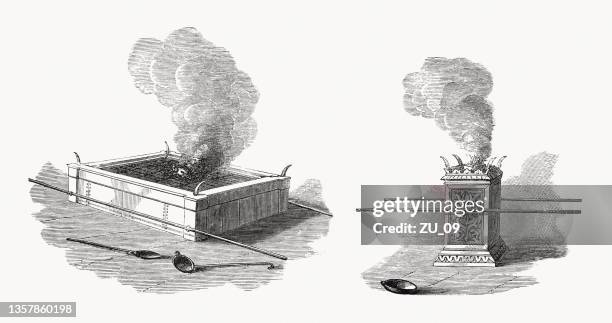 stockillustraties, clipart, cartoons en iconen met burnt offering altar and incense altar, wood engravings, published 1862 - wierook