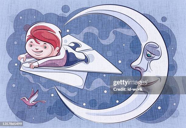 stockillustraties, clipart, cartoons en iconen met kid flying with big paper plane - dream big