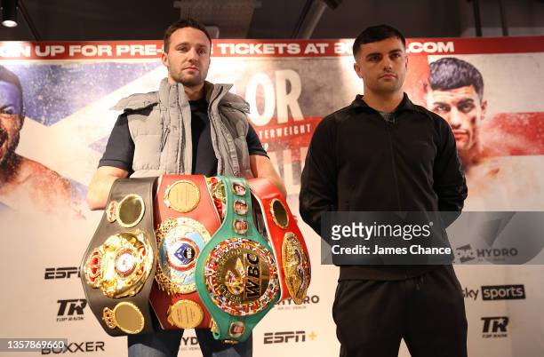 Josh Taylor and Jack Catterall face off during the Josh Taylor v Jack Catterall press conference at The Sports Direct Flagship store on December 08,...