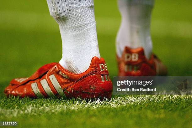 Close up of David Beckham's boots during the UEFA Champions League Qualifier Second Leg match between Manchester United and Zalaegerszeg held at Old...