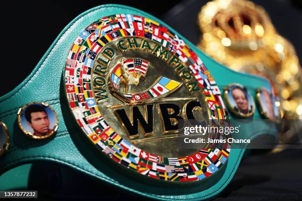 Detailed view of the WBC Welterweight belt during the Josh Taylor v Jack Catterall press conference at The Sports Direct Flagship store on December...