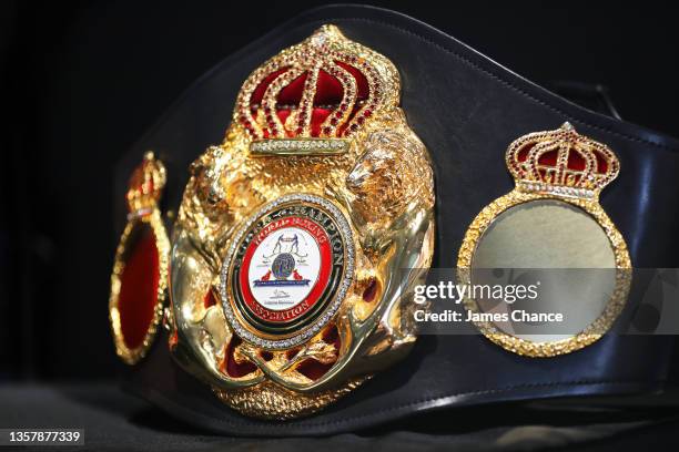 Detailed view of the WBA Welterweight belt during the Josh Taylor v Jack Catterall press conference at The Sports Direct Flagship store on December...