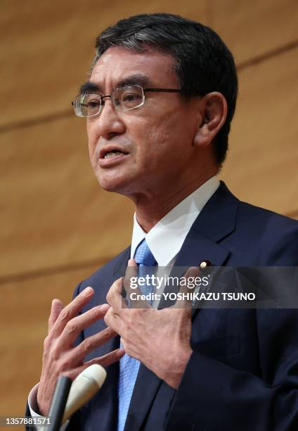 Portrait de l'homme politique japonais Taro Kono le 10 septembre 2021 à Tokyo.