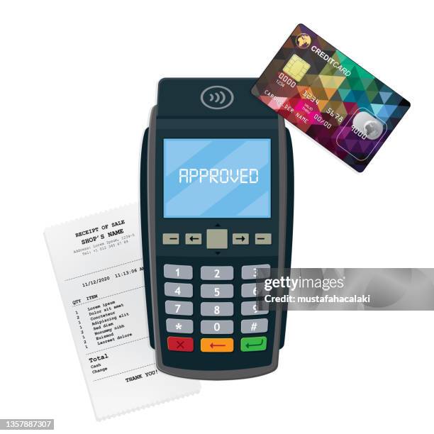 stockillustraties, clipart, cartoons en iconen met contactless payment terminal with credit card and receipt vector - credit card