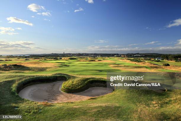 The par 5, 14th hole featuring "Hell Bunker" on The Old Course on August 10, 2021 in St Andrews, Scotland.