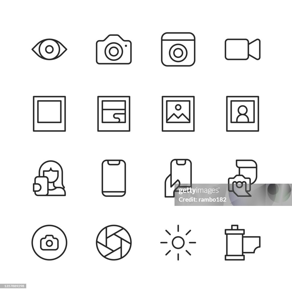 Photography Line Icons. Editable Stroke, Contains such icons as Camera, Exposure, Eye, Film, Image, Influencer,, Movie, Party, Photo, Photo Book, Photography, Picture, Security Camera, Selfie, Social Media, Television, Trim, Video, Video Call, Webcam.