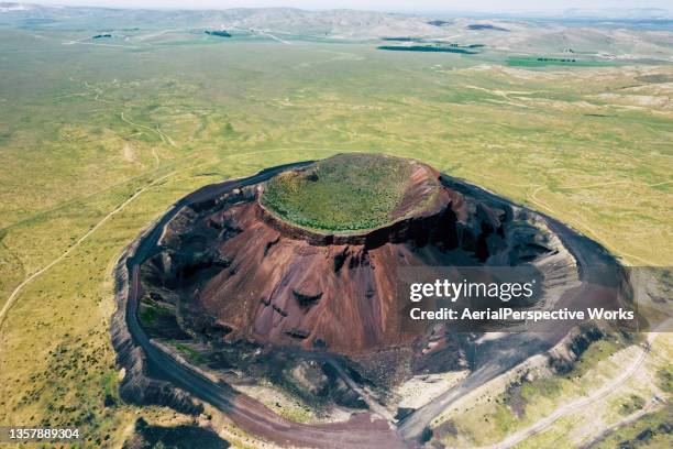 aerial view of prairie and extinct volcanic crater, china - aerial top view steppe stock pictures, royalty-free photos & images