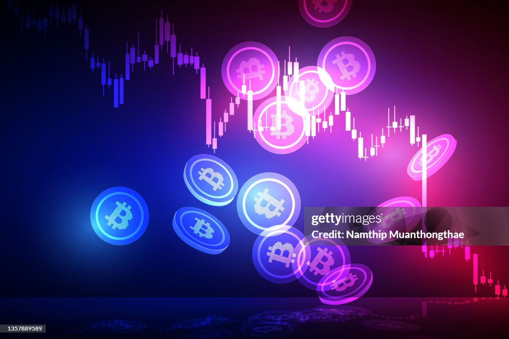 Falling down cryptocurrency illustration concept shows the graph falling down with the symbol of bitcoin that shine on the dark background for creating the financial background.
