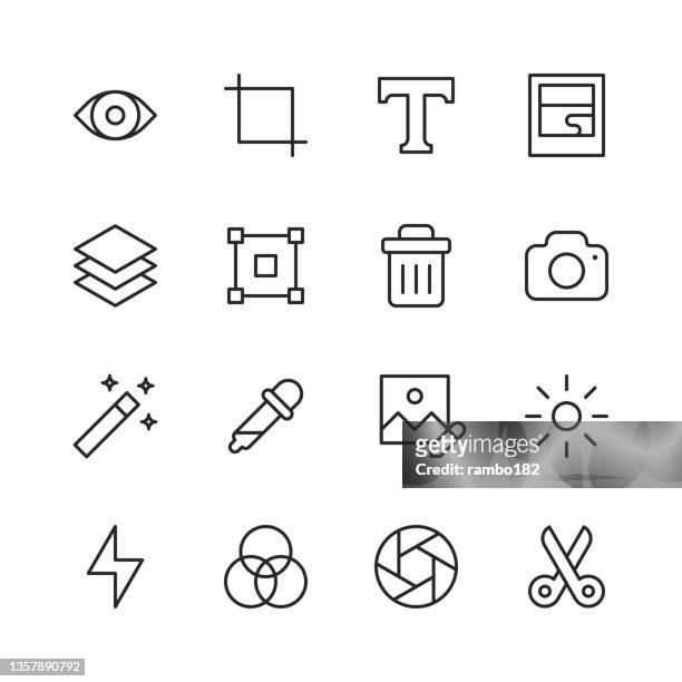 photo editing line icons. editable stroke, contains such icons as art, camera, colour picker, content, cut, delete, exposure, eye, film, font, hand tool, image, image editing, layer, mobile app, photo, photography, social media, software, text, trimming. - photographer icon stock illustrations
