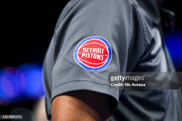 The Detroit Pistons logo is pictured during the game against the Oklahoma City Thunder at Little Caesars Arena on December 06, 2021 in Detroit,...