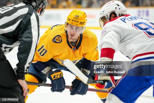 Colton Sissons of the Nashville Predators prepares for a face-off against the Montreal Canadiens during an NHL game at Bridgestone Arena on December...