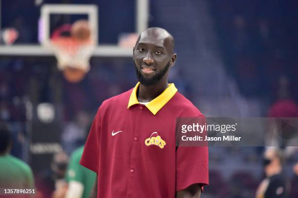 Tacko Fall of the Cleveland Cavaliers warms up prior to the game against the Boston Celtics at Rocket Mortgage Fieldhouse on November 15, 2021 in...