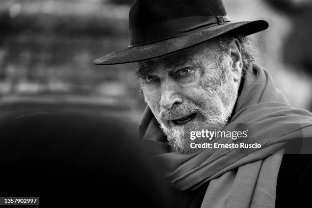 Actor Franco Nero reads the "Canti Di Pietra" Gabriele Tinti's poems at Foro Romano on December 08, 2021 in Rome, Italy.