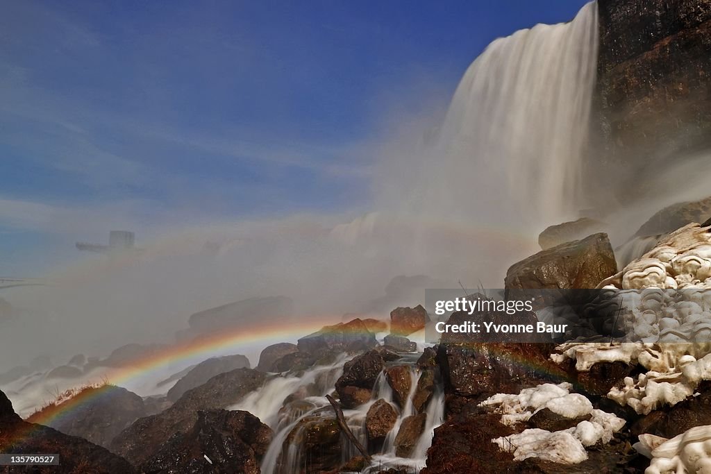 Rainbow below waterfalls