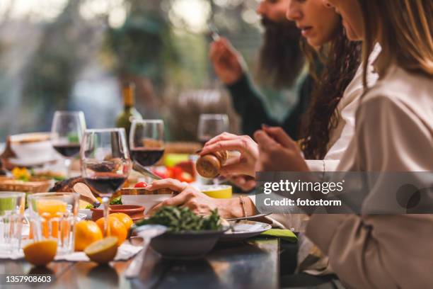 woman adding salt to her meal she is sharing with friends on christmas - salt shaker stock pictures, royalty-free photos & images