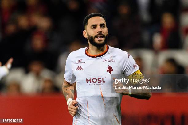 Dylan Bronn of FC Metz runs in the field during the Ligue 1 Uber Eats match between Nice and Metz at Allianz Riviera on November 27, 2021 in Nice,...