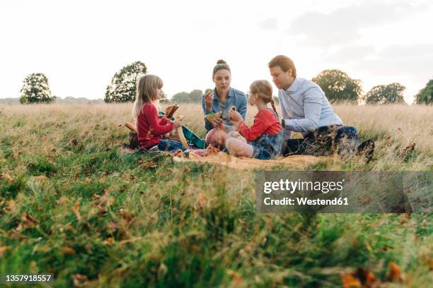 daughters having food with parents at park - brotzeit stock-fotos und bilder