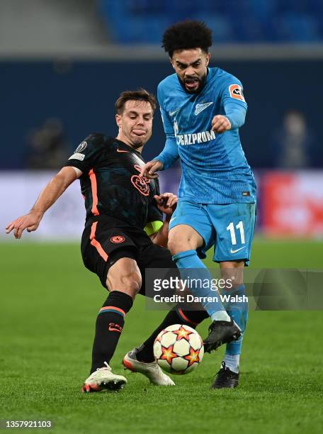 Ola Toivonen of Malmo FF is challenged by Cesar Azpilicueta of Chelsea during the UEFA Champions League group H match between Zenit St. Petersburg...