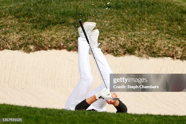 Daniel Berger of the United States reacts after nearly holing out from the bunker on the 15th hole during the final round of the AT&T Pebble Beach...