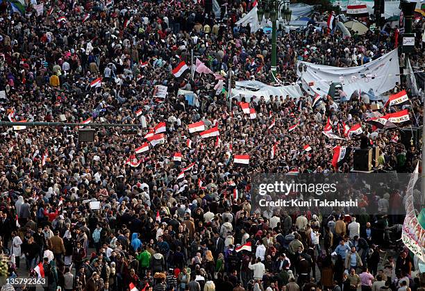 Anti-government protesters demand that President Hosni Mubarak step down at Tahrir Square February 10, 2011 in Cairo, Egypt. Protests in January and...