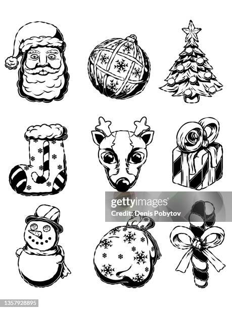 hand-drawn holiday icon set - christmas symbol patches. - ribbon sewing item stock illustrations