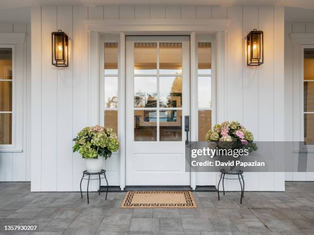 front door, white color house exterior - zerbino foto e immagini stock