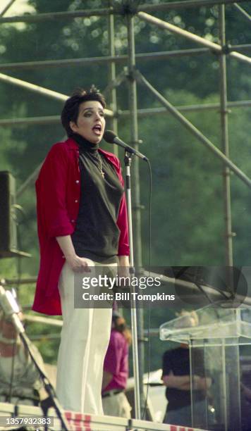 June 18: MANDATORY CREDIT Bill Tompkins/Getty Images Liza Minelli speaking at the Gay Games on the Great Lawn in Central Park on June 18th, 1994 in...