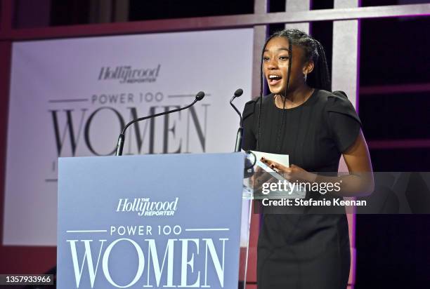 Taya Good-Smith accepts the Spotify Scholarship onstage at The Hollywood Reporter 2021 Power 100 Women in Entertainment, presented by Lifetime at...