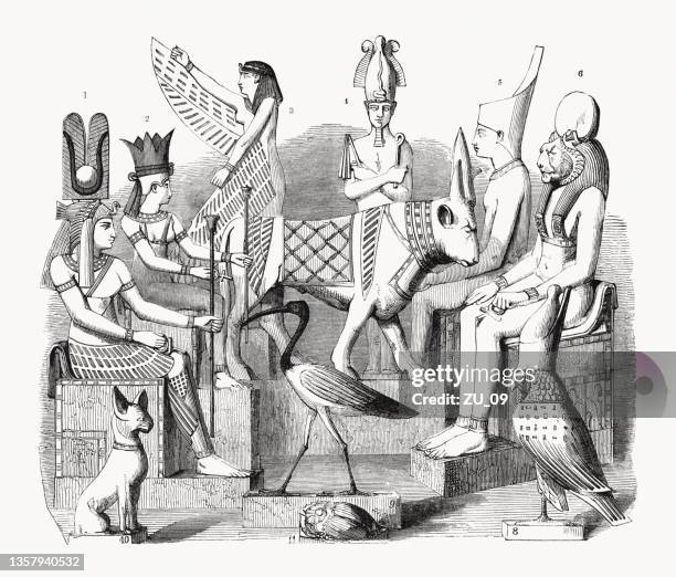 illustrations, cliparts, dessins animés et icônes de dieux et déesses de l’égypte ancienne, gravure sur bois, publié en 1862 - statue of goddess sekhmet