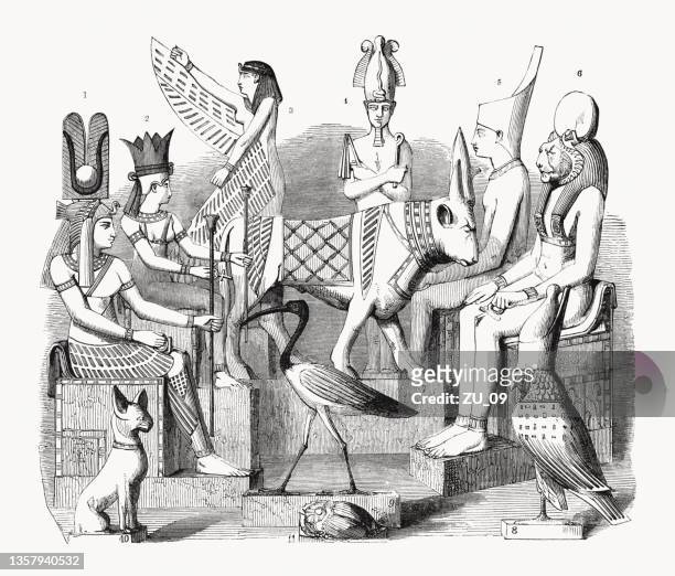 ancient egyptian gods and goddesses, wood engraving, published in 1862 - egyptian mythology stock illustrations
