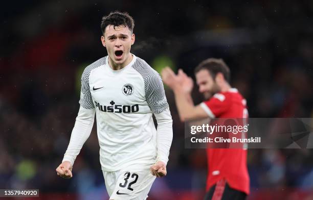 Fabian Rieder of BSC Young Boys celebrates after scoring their team's first goal during the UEFA Champions League group F match between Manchester...