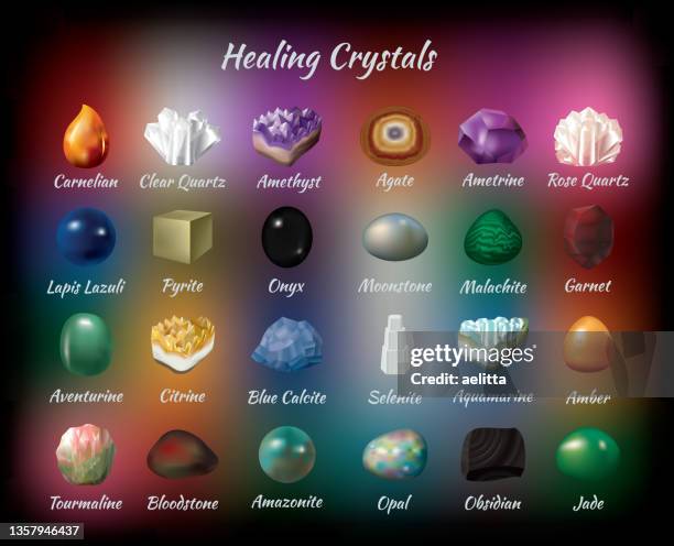 stockillustraties, clipart, cartoons en iconen met icons of healing crystals. set of twenty-four minerals. - amethyst