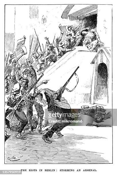 old engraved illustration of the riots in berlin - storming an arsenal, german revolution (deutsche revolution 1848/1849) - fighting at the barricades in berlin - royal arsenal stock pictures, royalty-free photos & images