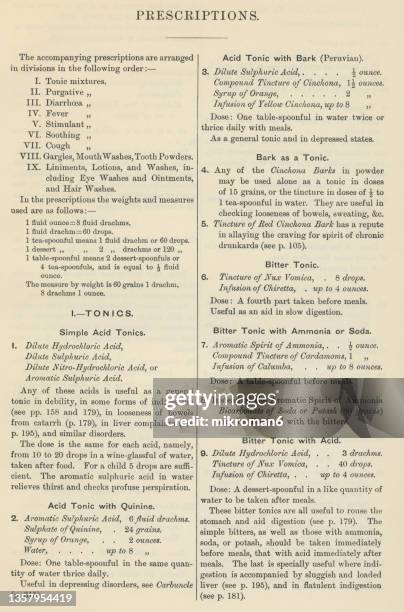 old engraved illustration of a page from an old book of prescriptions (fever mixture) - exam paper stock pictures, royalty-free photos & images