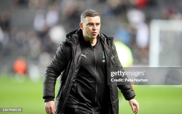 Plymouth Argyle manager Steven Schumacher loos on prior to the Sky Bet League One match between Milton Keynes Dons and Plymouth Argyle at Stadium mk...