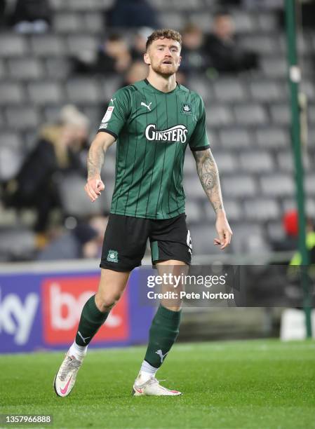 Dan Scarr of Plymouth Argyle in action during the Sky Bet League One match between Milton Keynes Dons and Plymouth Argyle at Stadium mk on December...