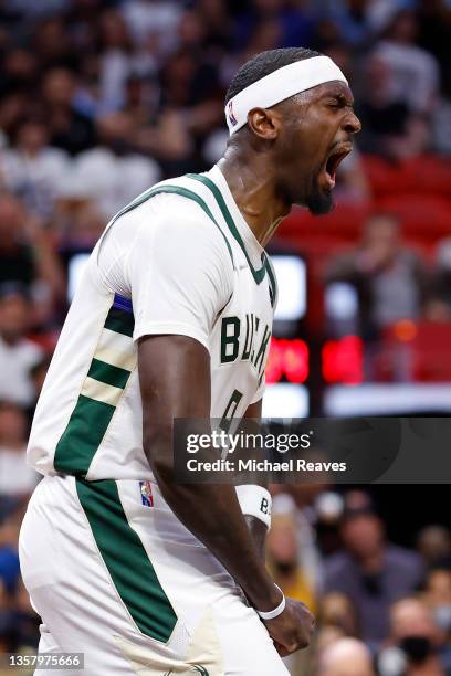 Bobby Portis of the Milwaukee Bucks celebrates a block against the Miami Heat during the first half at FTX Arena on December 08, 2021 in Miami,...