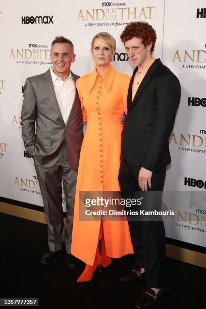 David Eigenberg, Cynthia Nixon and Niall Cunningham attend HBO Max's premiere of "And Just Like That" at Museum of Modern Art on December 08, 2021 in...