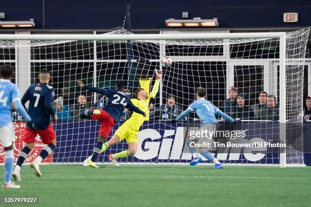 Valentin Castellanos of New York City FC heads a ball into the New England Revolution goal during Eastern Conference Semifinal between New York City...