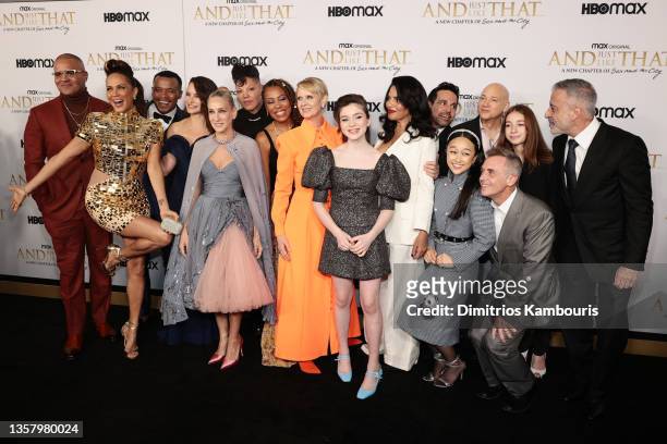 Sarah Jessica Parker poses with the cast and crew at HBO Max's premiere of "And Just Like That" at Museum of Modern Art on December 08, 2021 in New...
