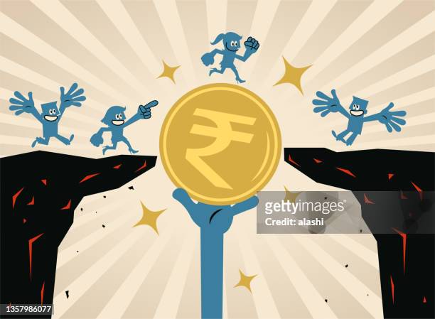 illustrazioni stock, clip art, cartoni animati e icone di tendenza di la gente corre lungo il ponte fatto di denaro d'oro per attraversare la scogliera - indian economy business and finance