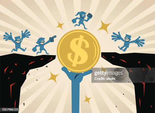 people are running along the bridge made of gold money to cross over the cliff - helping to cross the bridge stock illustrations